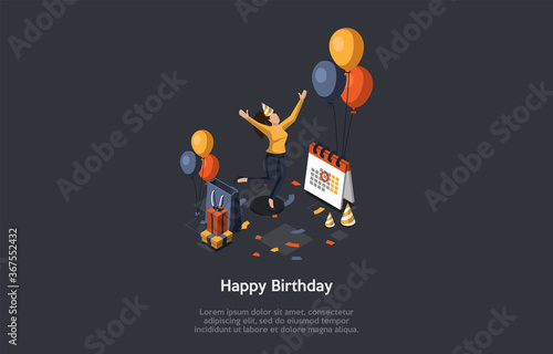 Concept Of Birthday Party. Celebration Ceremony. Woman With Paper Cone On Head Jumping Of Happy During Birthday Party. Girl Gets Lots Of Gifts And Positive Emotions. Isometric 3D Vector Illustration