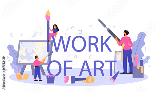 Work of art typographic header. Student holding art tools. Artist