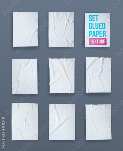 Set of white glued paper wrinkled effect. Badly wet glued paper or gray adhesive foil with crumpled and creased wrinkled texture. Realistic background. Vector illustration. Isolated on grey background