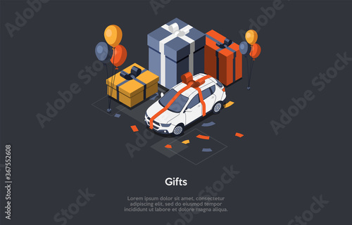Birthday Party And Awards Celebration Ceremony Concept. Huge Gift Boxes With Bows And Ribbons Like An Award With Cute Modern Car Decorated With Balloons And Confetti. Isometric 3D Vector Illustration