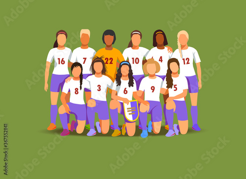  Women's football team  isolated on green background. Vector illustration