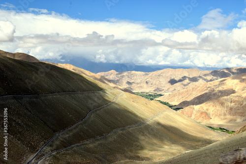Mountain valley and zigzag roads near Sakti Village,ladakh India enroute Pangong Lake