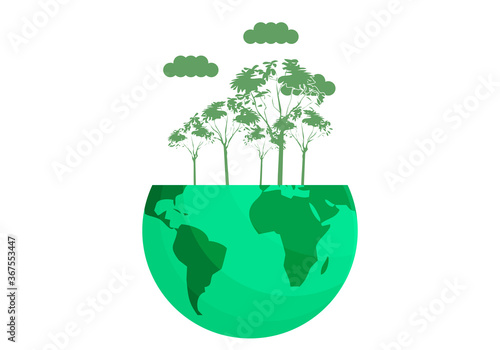 Planeta tierra verde con un bosque en fondo blanco.