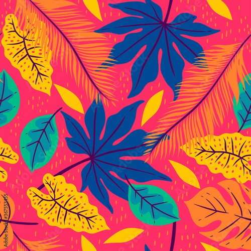 Seamless pattern with tropical leaves on a pink background. Vector graphics.