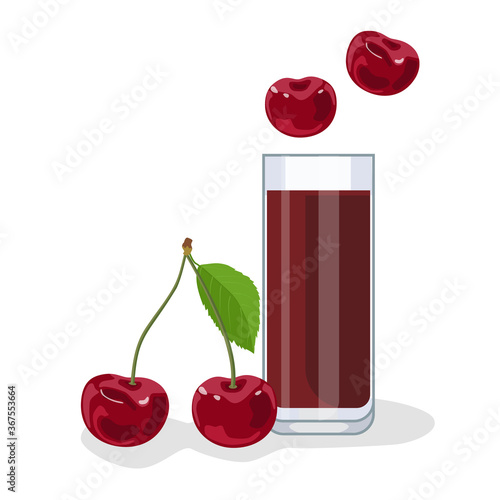 Cherry juice in a glass glass, next to cherries. White background, isolate. Vector illustration