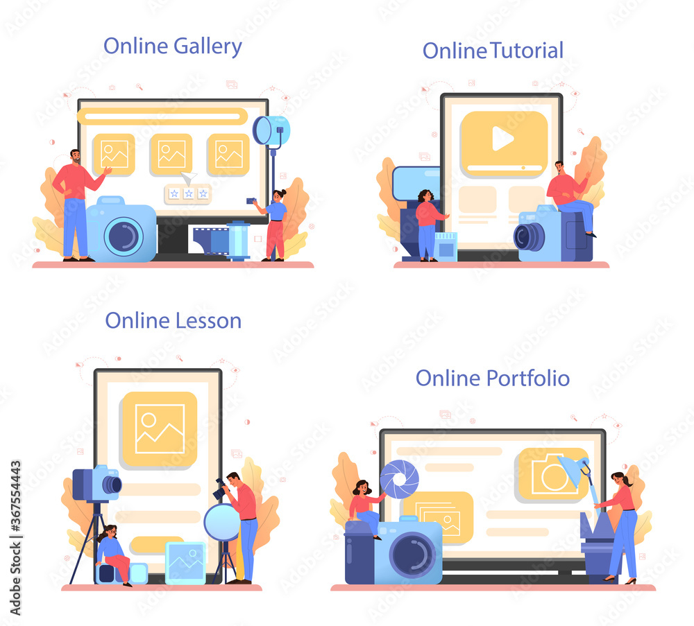 Photography school course online service or platform set. Photography school course online service or platform set.