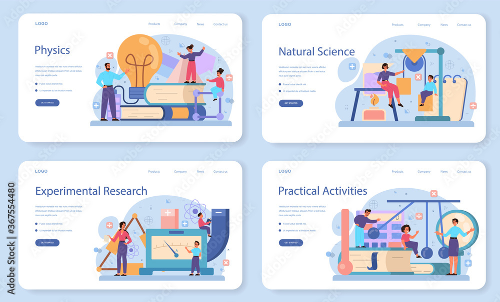 Physics school subject web banner or landing page set. Scientist