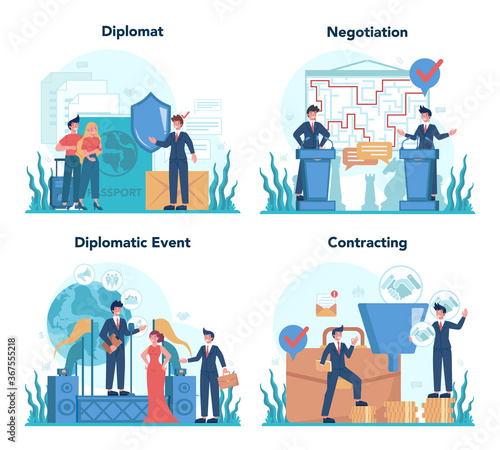 Diplomat profession set. Idea of international relations and government.