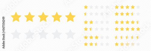 Vector illustration of Gold five star rating icon set on transparent background. Illustration flat icon with lighted yellow golden and grey stars for reviews, feedbacks products and services