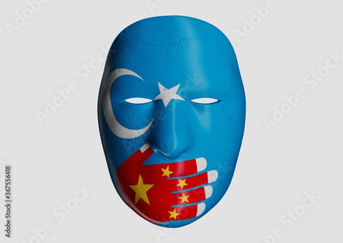 Front view of Uyghur protestor mask on white background. Mask of Uyghur clonfict on China. 3D render.
