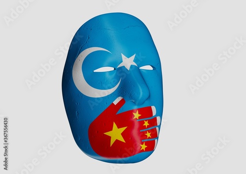 Side angle of Uyghur protestor mask on white background. Mask of Uyghur clonfict on China. 3D render.