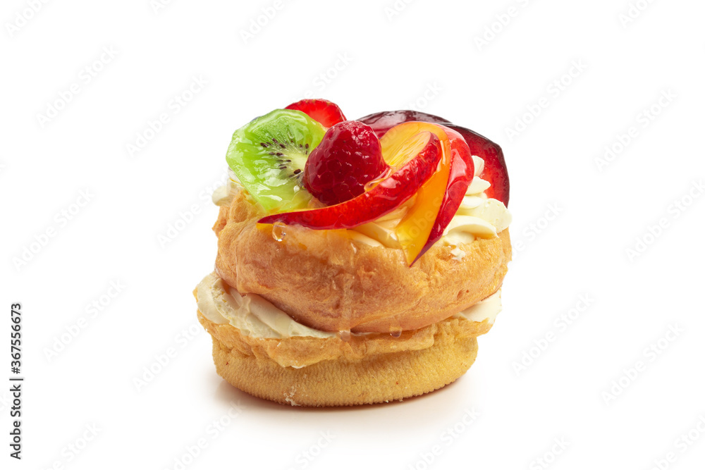 Home made cake with cream and fruit isolated Home made cake with cream and fruit isolated