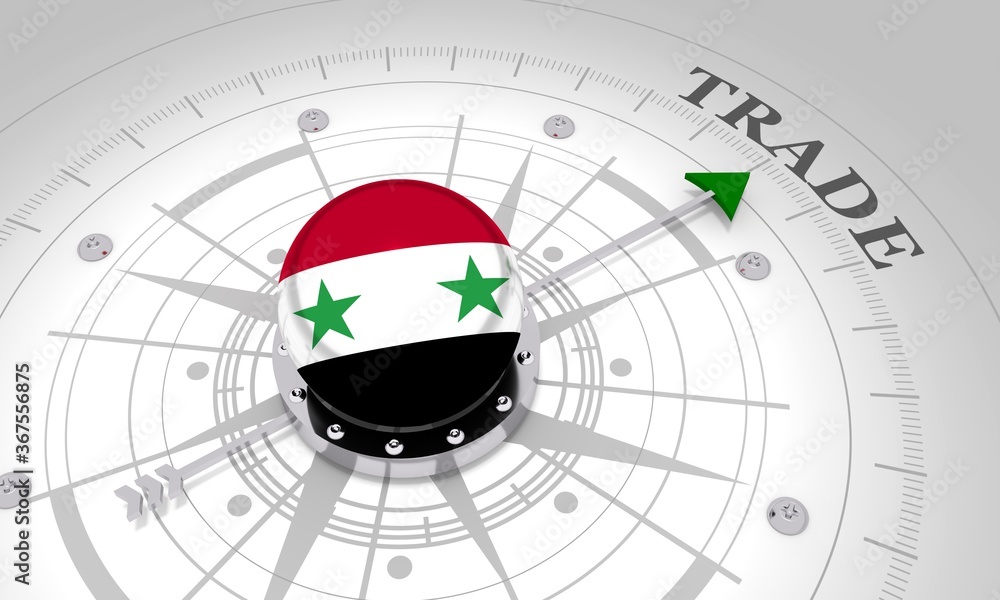 Business concept. Abstract compass points to the trade word. Flag of the Syria. 3D rendering Business concept. Abstract compass points to the trade word. Flag of the Syria. 3D rendering