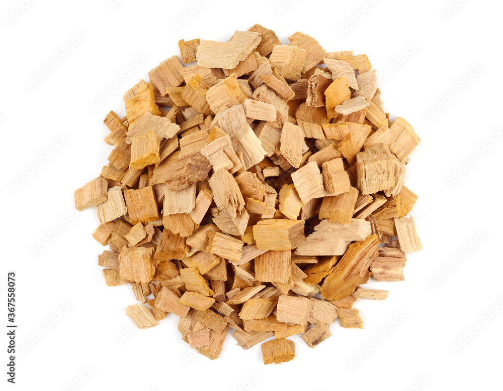 Alder Wood Chips. Commersial Product for Smoking Salmon, Pork and Poultry. Top View. Isolated on White Background. Alder Wood Chips. Commersial Product for Smoking Salmon, Pork and Poultry. Top View. Isolated on White Background.