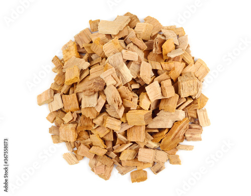 Alder Wood Chips. Commersial Product for Smoking Salmon  Pork and Poultry. Top View. Isolated on White Background.