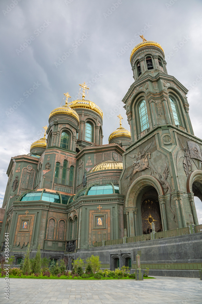 Exterior of the Main Temple of the Armed Forces of the Russian Federation. Opened in 2020. Constructed from glass and melted armor of fascist tanks and equipment of 1945. Kubinka, Russia