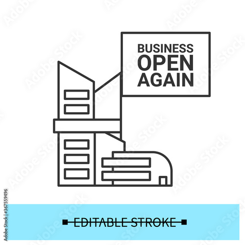 Business reopening icon. Office or mall building with open again linear pictogram. Concept of covid quarantine end and business life returning back to normal. Editable stroke vector illustration