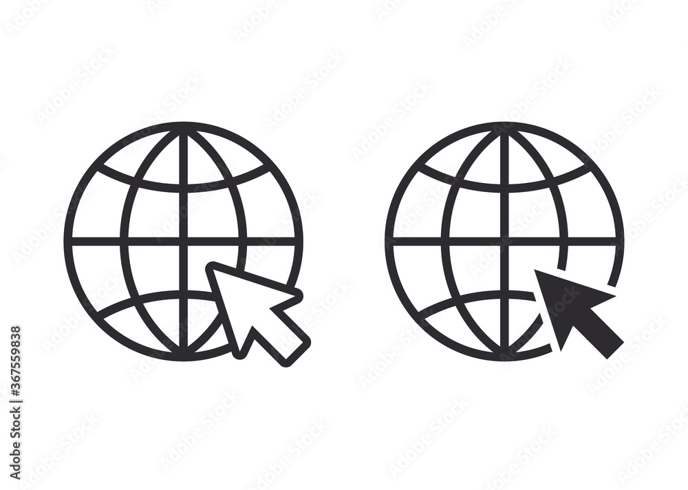 Online icon. Internet icon. Web sign. Globe Icon. World symbol. Oval globe. Icon world. Globe symbol. Earth sign. Vector Internet symbol. Click to go. Color easy to edit. Transparent background.