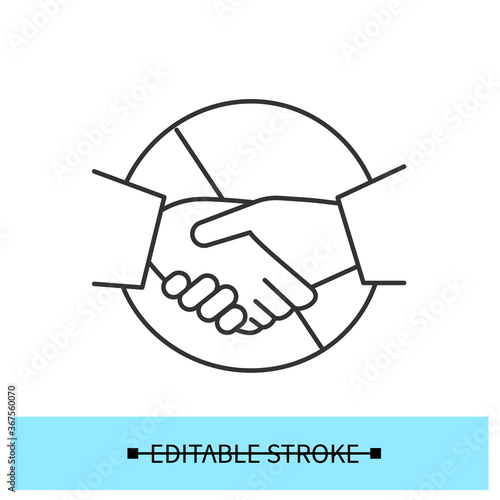 No handshakes icon. Covid quarantine hygiene warning linear pictogram. Concept of avoiding contact in office and covid quarantine health safety recommendations. Editable stroke vector illustration