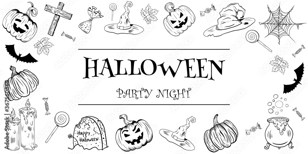 Halloween poster, flyer or menu design. Vector illustration. Black on white. Scary party invitation with witch hat, cauldron, moon, pumpkins and pattern. Halloween party night