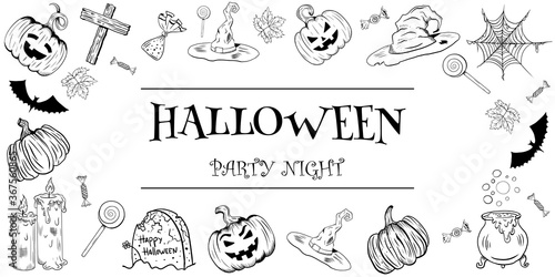 Halloween poster  flyer or menu design. Vector illustration. Black on white. Scary party invitation with witch hat  cauldron  moon  pumpkins and pattern. Halloween party night