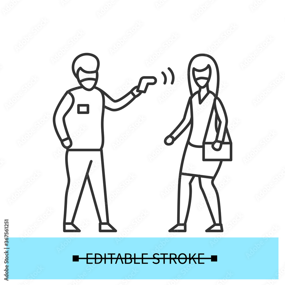 Body temperature check icon. Man measuring office woman temperature linear pictogram. Concept of returning back to office and new covid safety recommendations. Editable stroke vector illustration Body temperature check icon. Man measuring office woman temperature linear pictogram. Concept of returning back to office and new covid safety recommendations. Editable stroke vector illustration