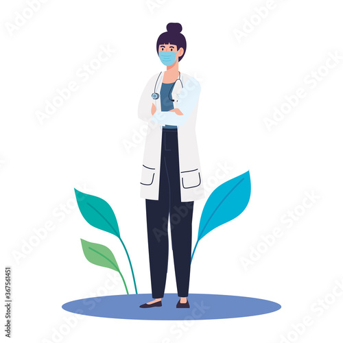 woman doctor wearing medical mask outdoor, during coronavirus covid 19 vector illustration design
