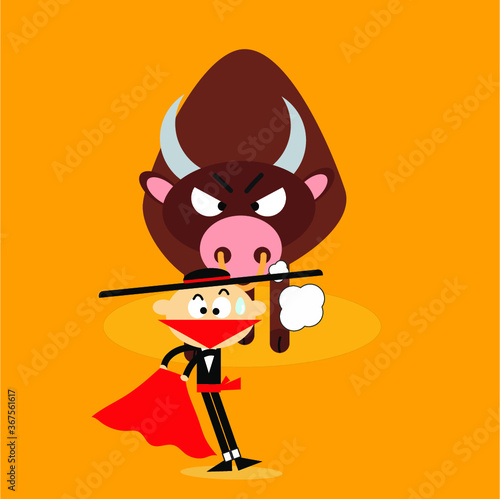 Spain corrida flat funny character scared of the bull. comic matador bullfighting situation. cartoon vector illustration style.