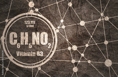 Chemical formula of niacin. Nicotinic acid or vitamin b3. Connected lines with dots background. photo