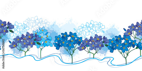 Horizontal seamless pattern with outline Forget me not or Myosotis flower bunch in pastel blue on the white background.