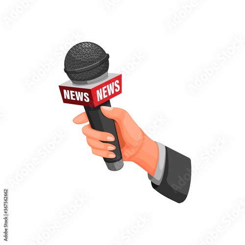 journalist interview. hand holding microphone with news symbol concept in cartoon illustration vector on white background