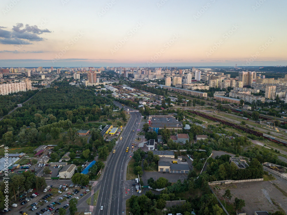 Fototapeta premium Aerial drone view. Sunset over Kiev.
