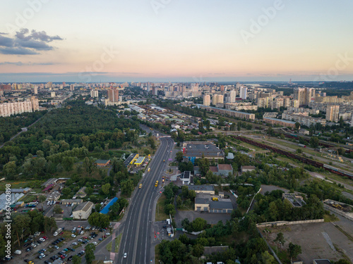 Aerial drone view. Sunset over Kiev. © Sergey