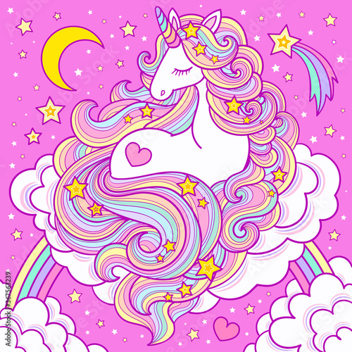 A cute white unicorn with a long mane sits on a cloud and rainbow. Vector illustration