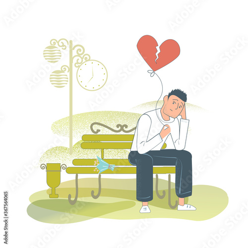 A lonely sad young man on a bench in the Park is waiting for his favorite girl. A friend didn't come on a date, broke her boyfriend's heart. Flat vector illustration.