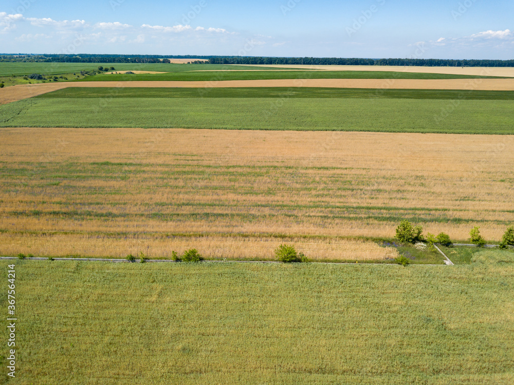 Agricultural fields in the Ukrainian village. Aerial drone view.