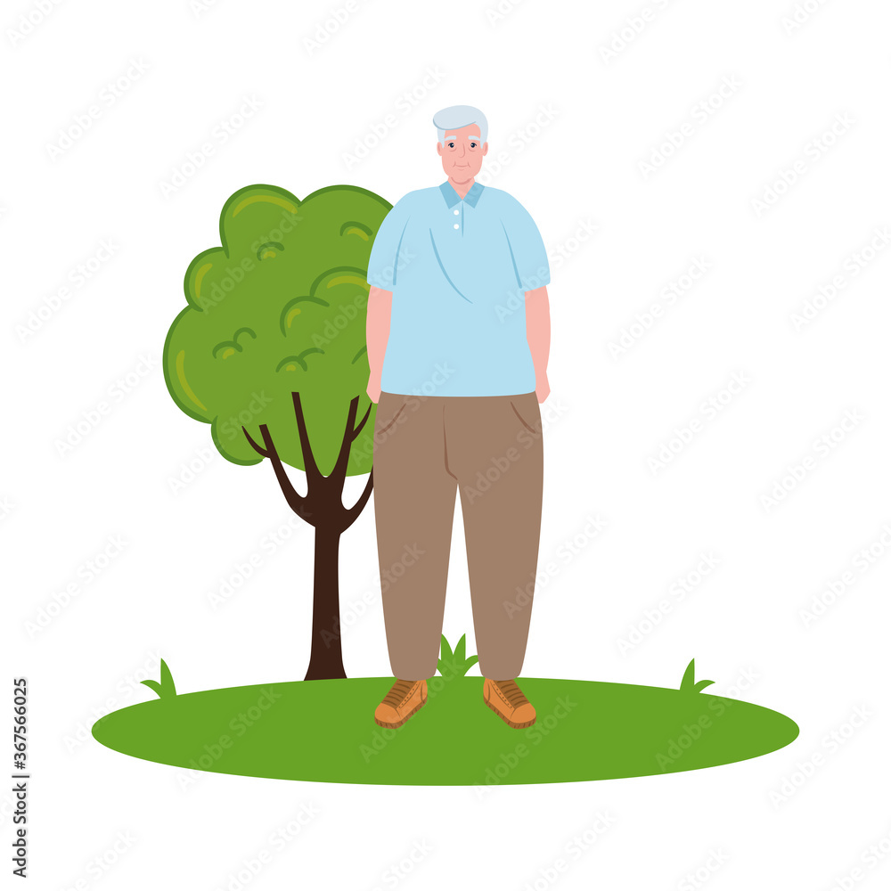 cute old man outdoor, grandfather in the grass on white background vector illustration design