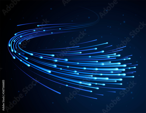 High speed. Dynamic blue shimmering trail with light effect. Abstract technology background. Motion pattern