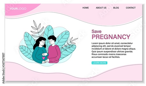 Safe Pregnancy concept with young couple bonding together with their unborn baby, colored vector illustration with copy space