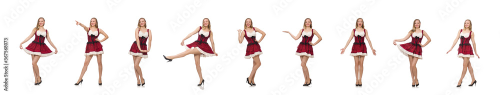 Woman wearing red dress in fashion concept isolated on white Woman wearing red dress in fashion concept isolated on white