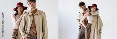 Foto collage of young couple posing in fashionable autumn clothes on grey, horizontal