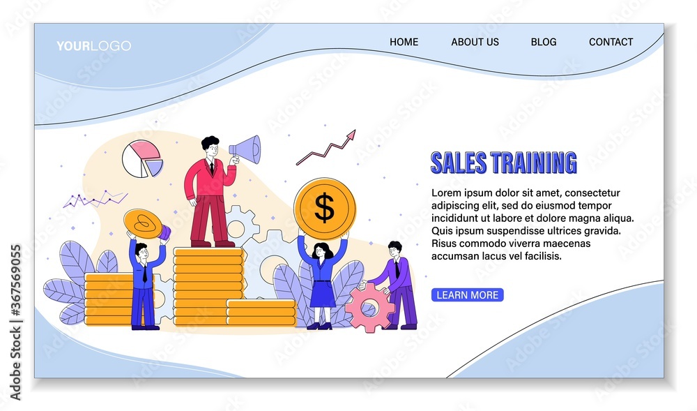 Sales Training, Leadership and Success concept with a team leader with megaphone standing on stacked gold coins with his team below and ascending graphs, colored vector illustration