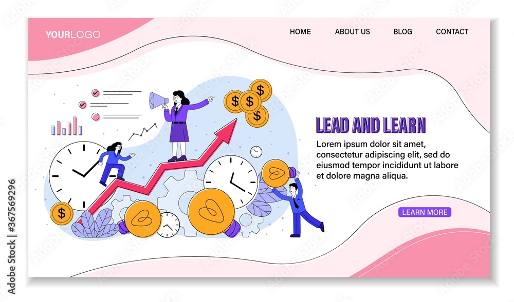Obraz premium Lead and Learn as a path to success in business showing a man collecting light bulbs and a businesswoman running up an ascending graph with team leader with megaphone and gold coins, vector