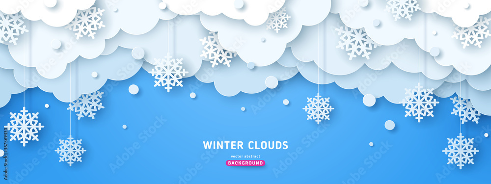 Paper cut clouds with snow fall on blue sky background. Snowflakes holiday banner for Christmas and New Year Design. Vector illustration