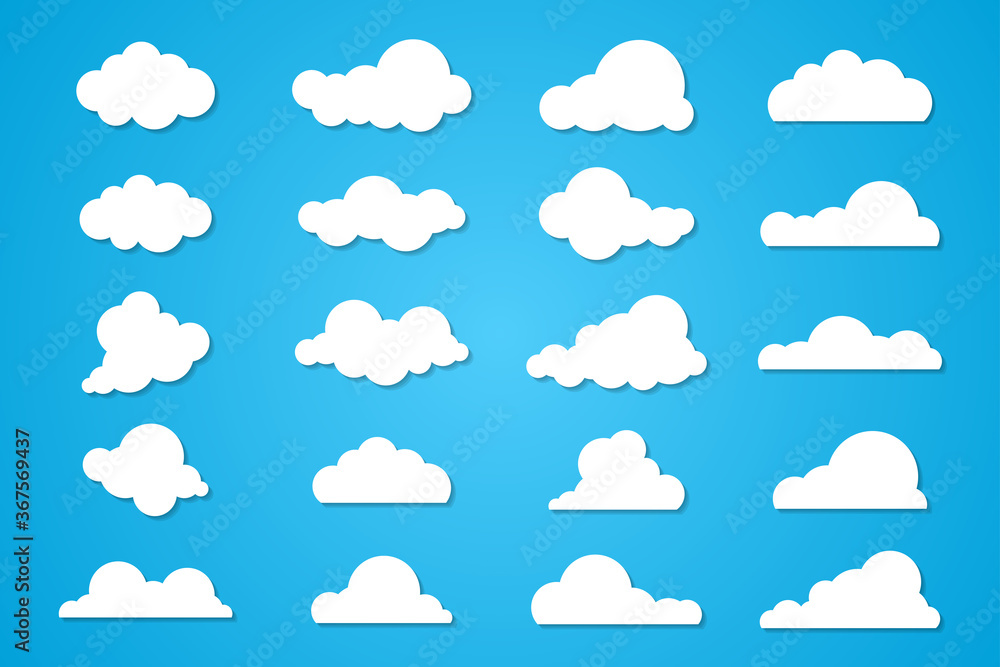 White clouds set isolated on blue sky background, flat style. Vector illustration. White clouds set isolated on blue sky background, flat style. Vector illustration.