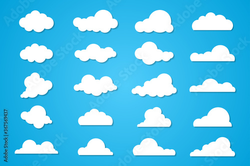 White clouds set isolated on blue sky background, flat style. Vector illustration.