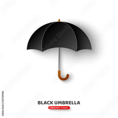 Classic elegant opened black umbrella in paper cut style isolated on white background. Vector illustration.