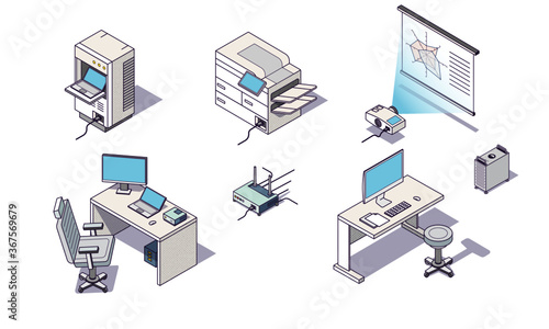 Isometric office, network and IT equipment