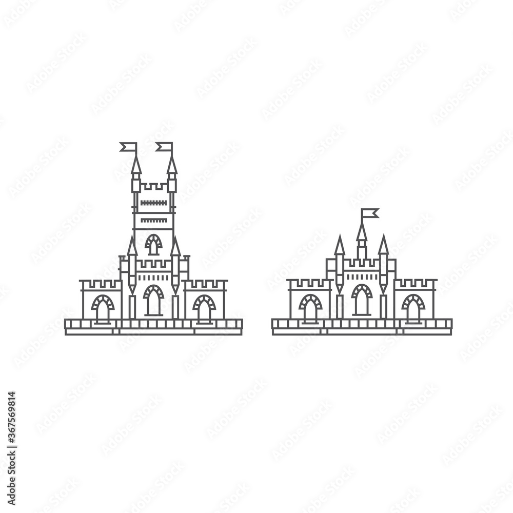 Fortress set on a white background. Fortress outline illustration. Historical fortress with flag vector