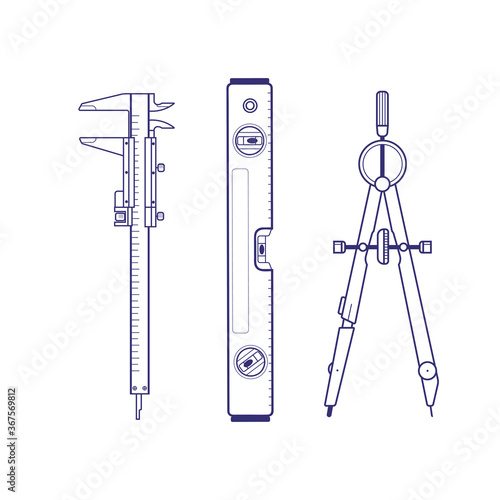 A set of construction engineering tools. Tools for drawing and building houses on a white background. Drawing and measuring devices